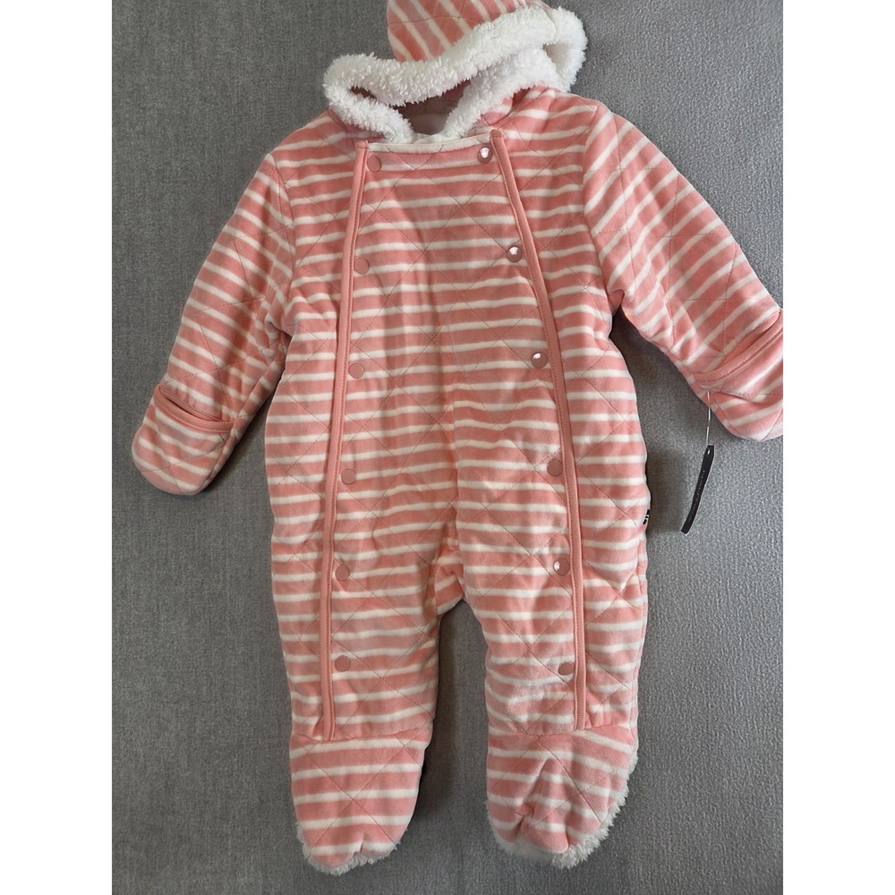 Nautica Baby Girls 3-6 Mos Bunting Sleeper Pink Stripe Furry Thick Snow Suit NEW